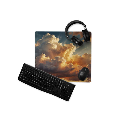 Premium cloudscape sunset gaming mouse pad with black keyboard and mouse