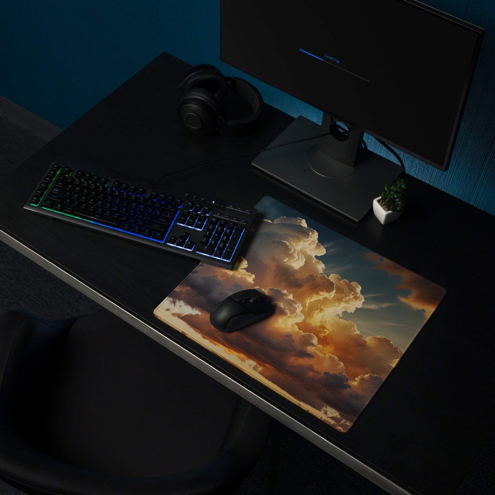 Premium Cloudscape Sunset gaming mouse pad with vivid orange clouds, non-slip base