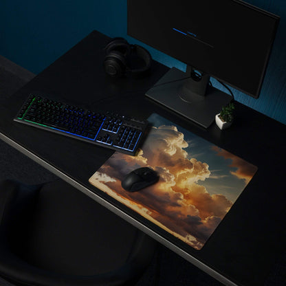 Premium Cloudscape Sunset gaming mouse pad with vivid orange clouds, non-slip base