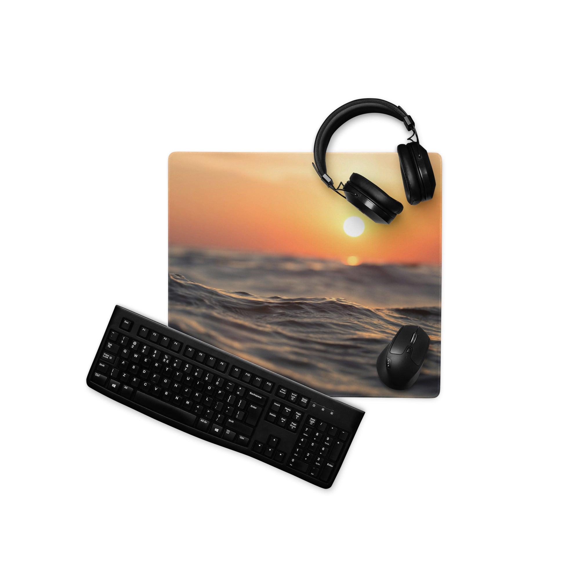 Warm sunset ocean waves gaming mouse pad with large stitched surface
