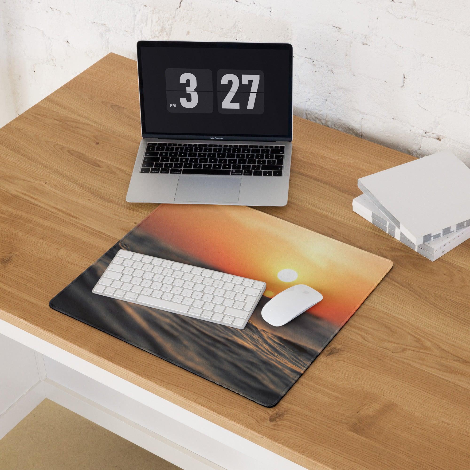 Warm sunset sand dunes gaming mouse pad with edge stitching and non-slip base
