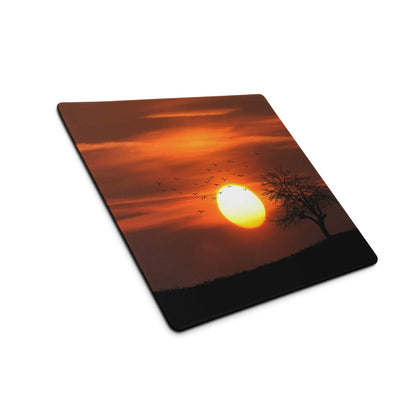 Warm sunset gaming mouse pad with orange sun, birds, tree, non-slip base
