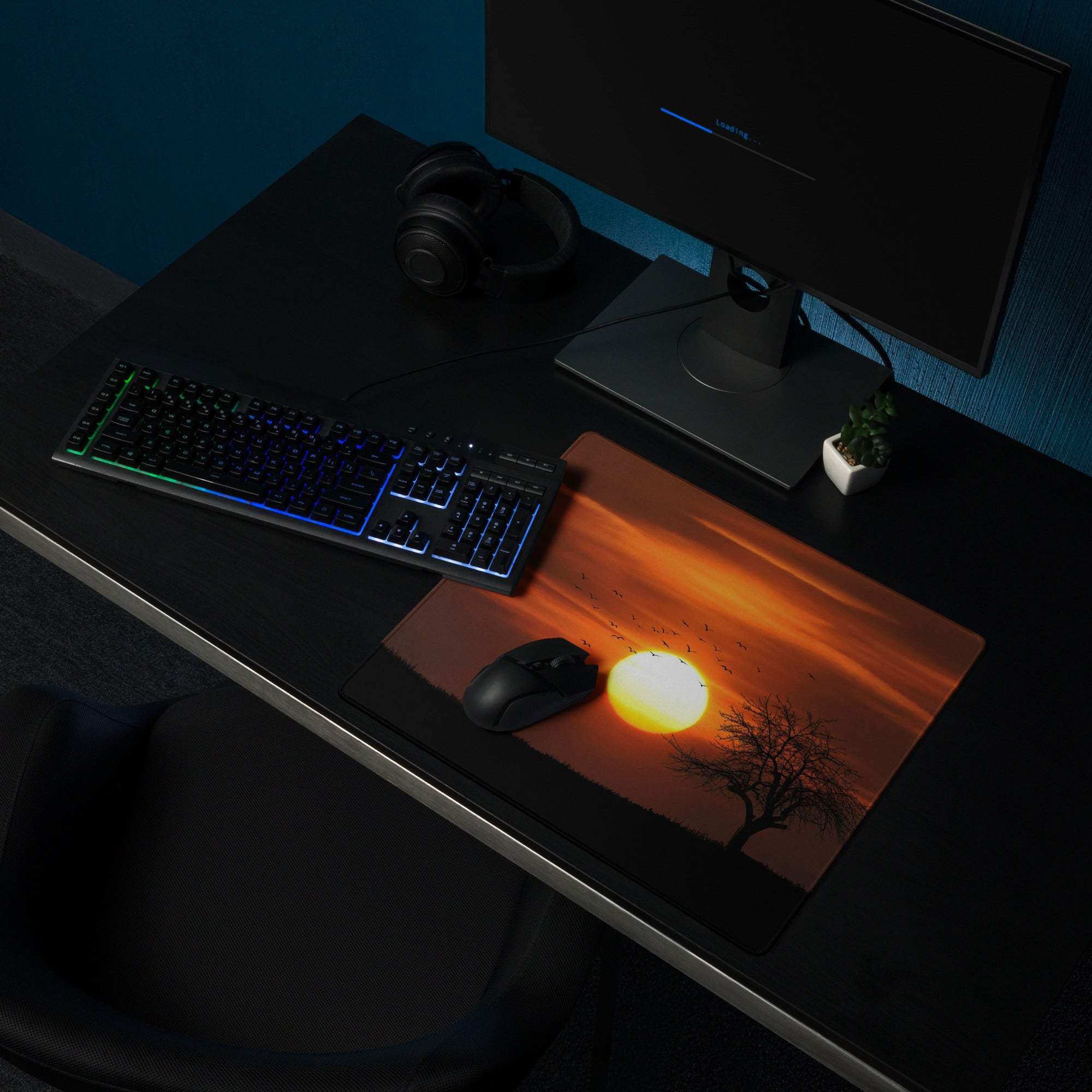 Warm sunset gaming mouse pad with orange sun, tree silhouette, birds, non-slip base