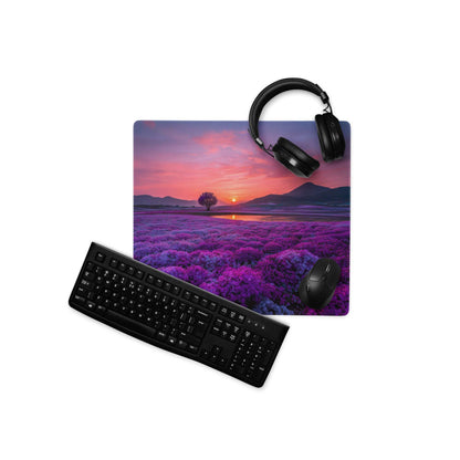 Purple lavender field mousepad with sunset and lone tree design