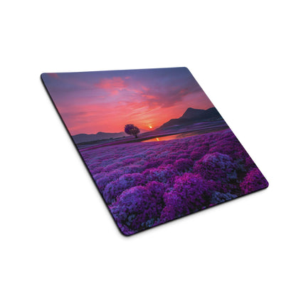 Purple floral field mousepad with serene sunset, mountains, tree