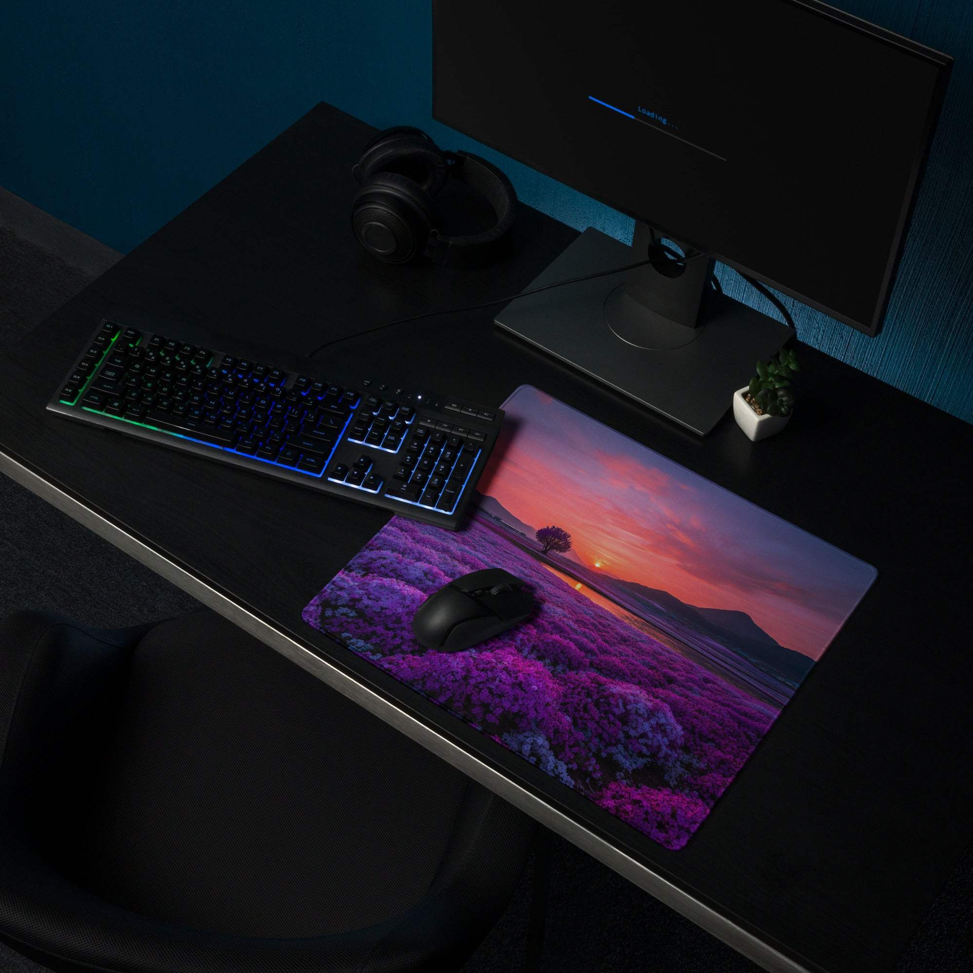 Purple floral sunset gaming mousepad with black mouse on top