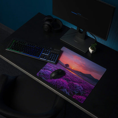 Purple floral sunset gaming mousepad with black mouse on top