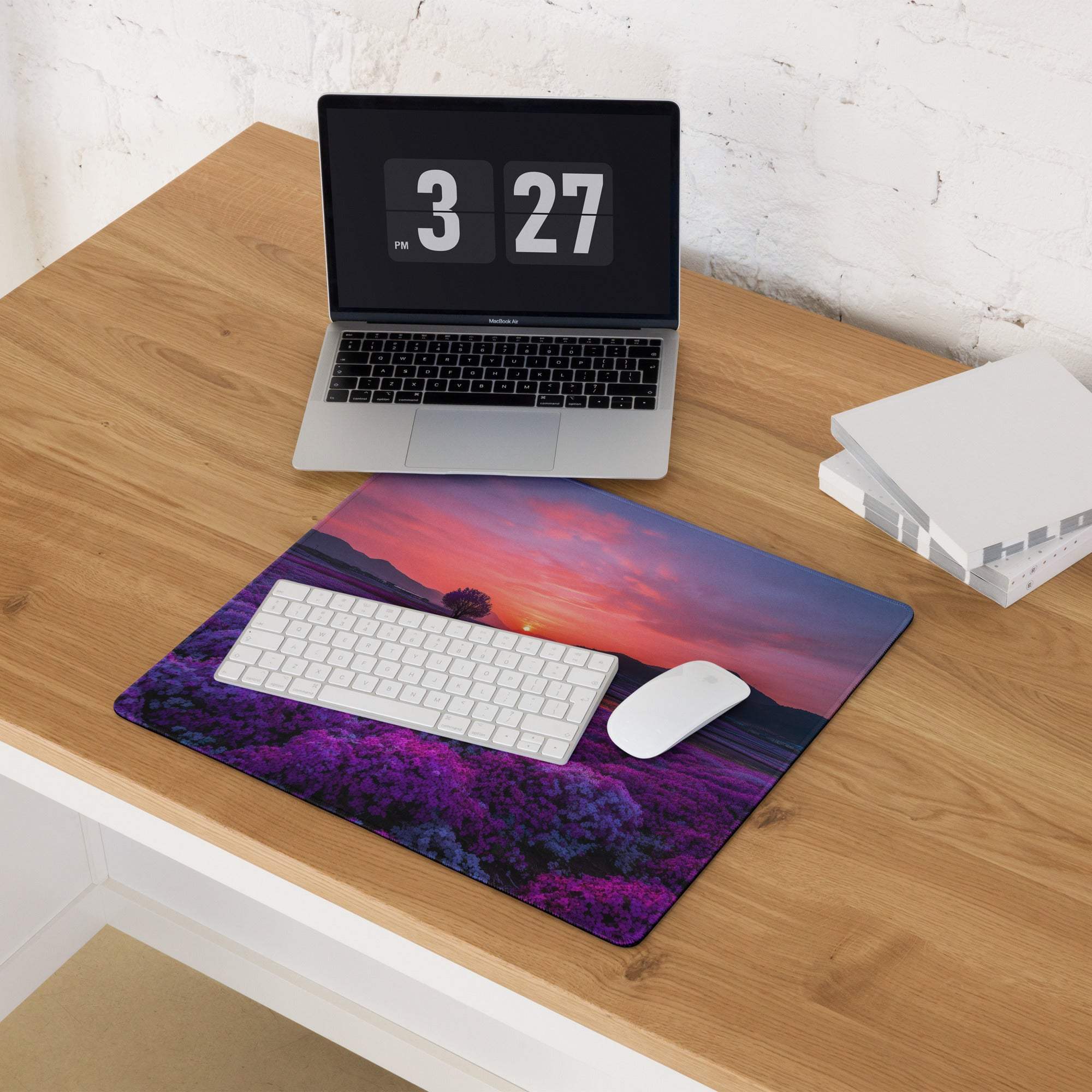 Purple lavender field sunset gaming mouse pad with non-slip backing