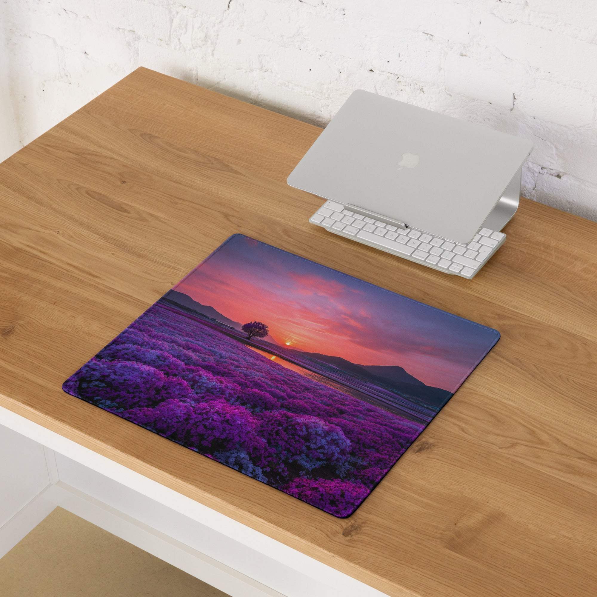 Lavender sunset large gaming mouse pad with purple field and mountains