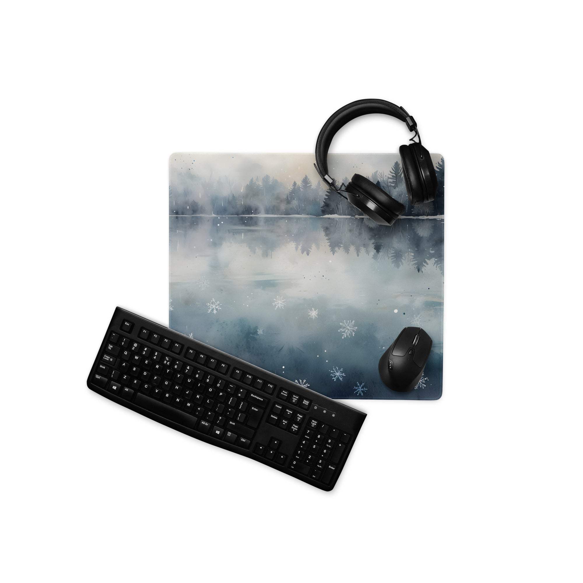 Watercolor winter forest lake gaming mouse pad with serene snow scene