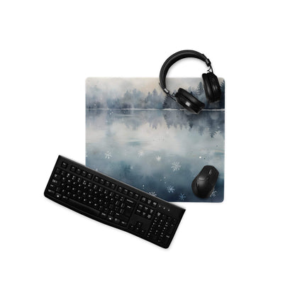 Watercolor winter forest lake gaming mouse pad with serene snow scene
