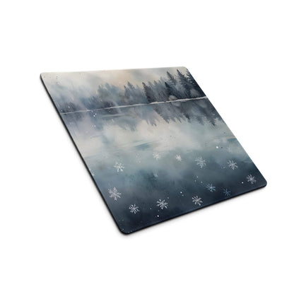 Watercolor winter forest lake gaming mouse pad with misty trees, lake reflection, snowflakes, non-slip base, large stitched edges