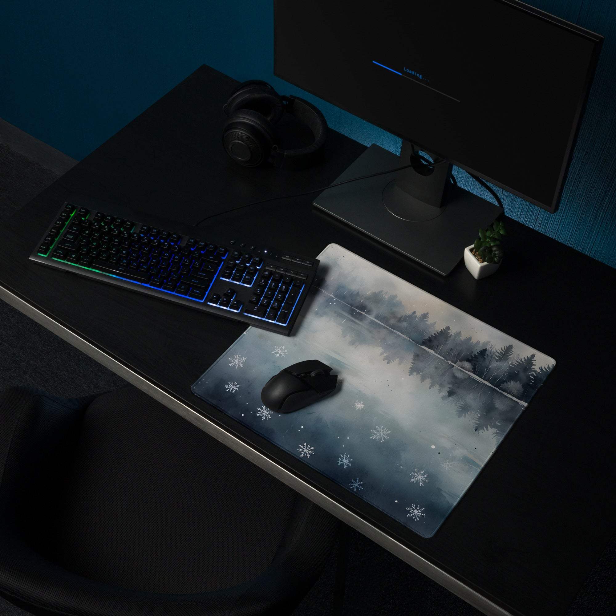 Watercolor winter forest lake gaming mouse pad with misty snowy scene
