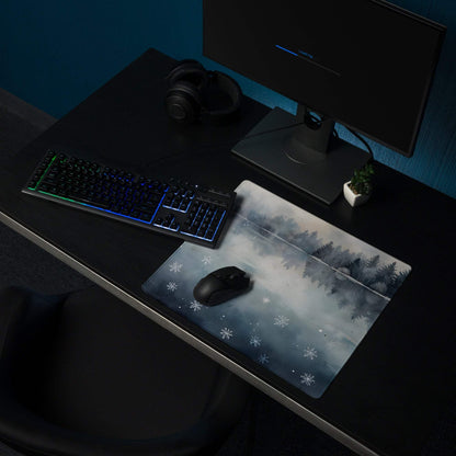 Watercolor winter forest lake gaming mouse pad with misty snowy scene