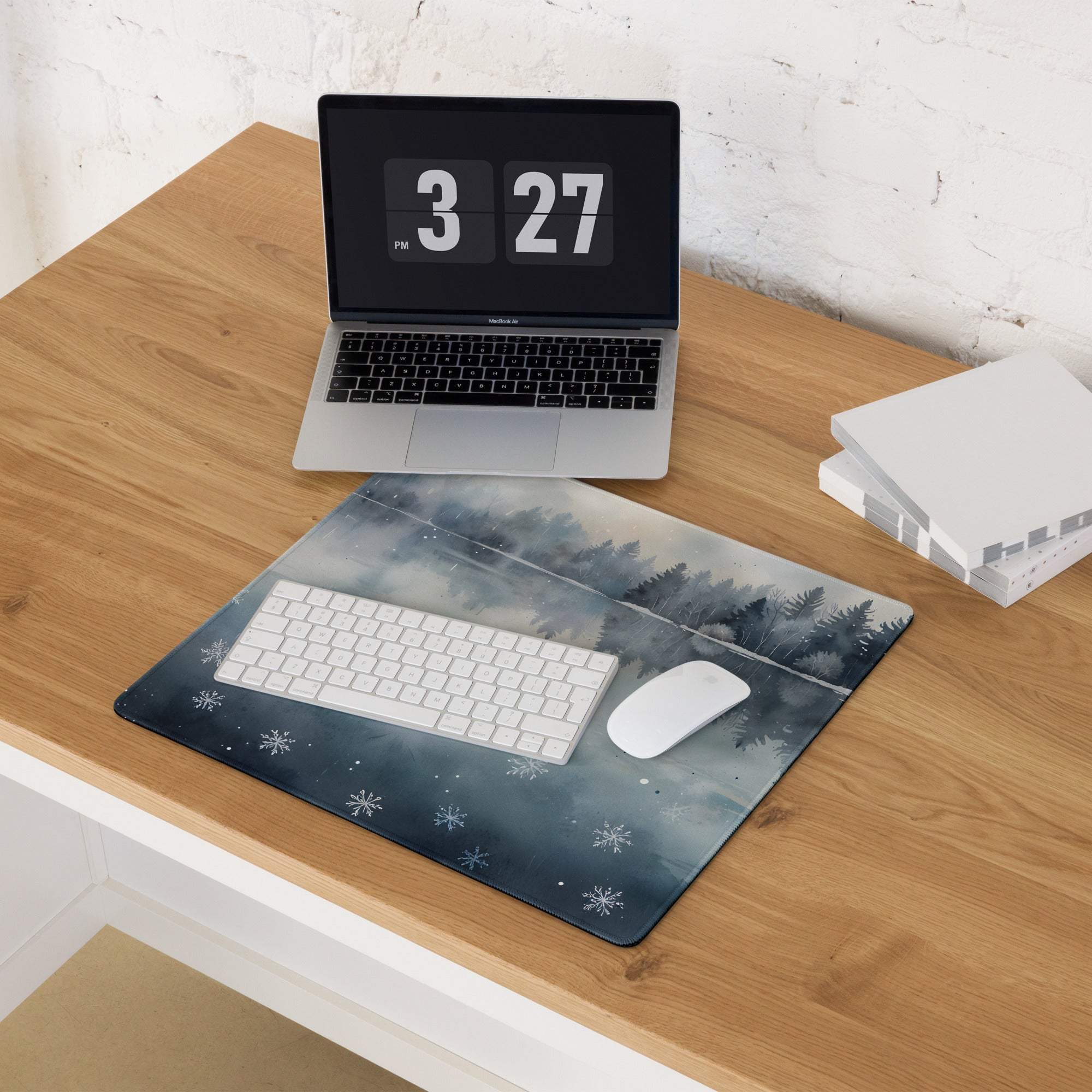 Watercolor winter forest lake gaming mouse pad with snowflakes, dark blue gray design