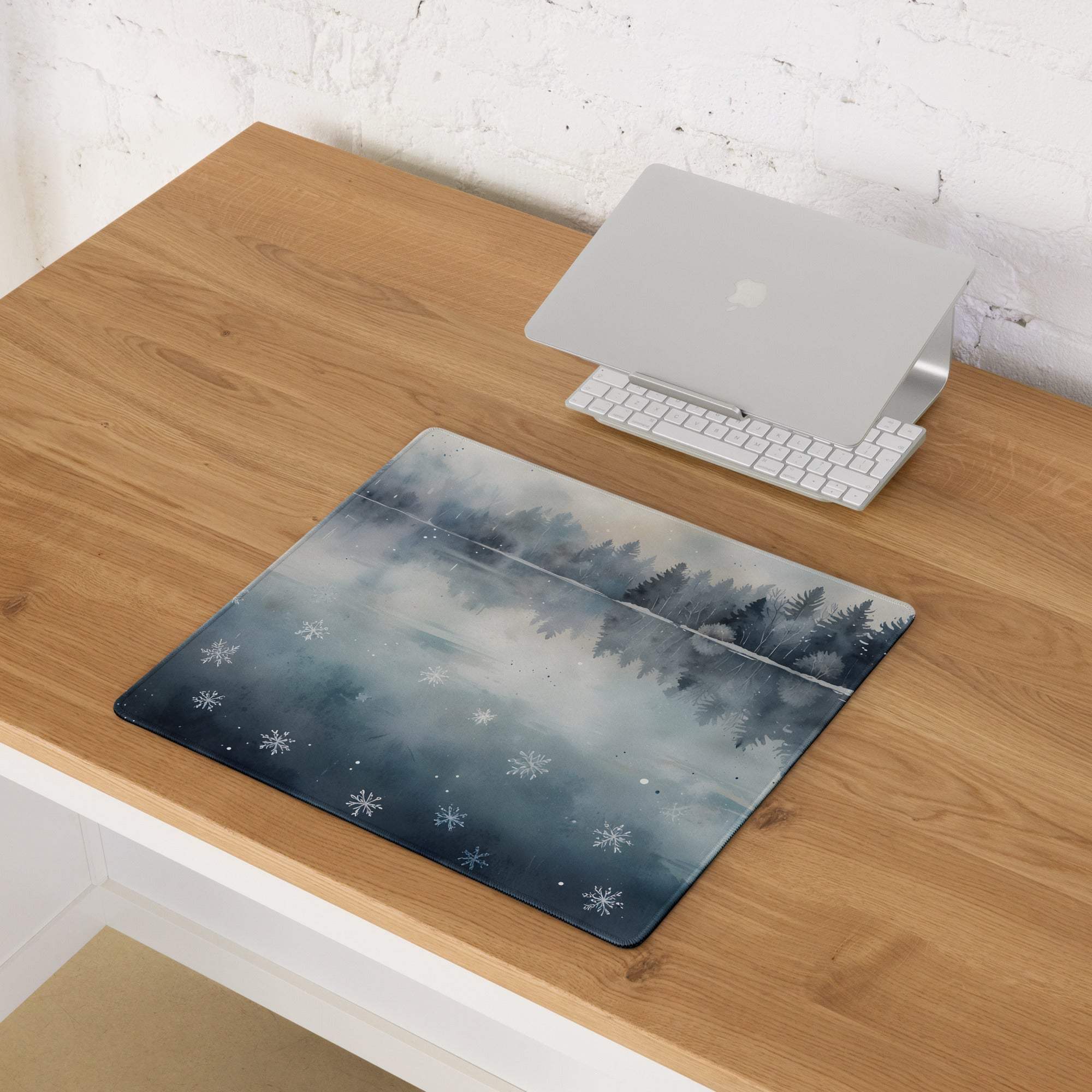Watercolor winter forest lake gaming mouse pad with serene snowy landscape