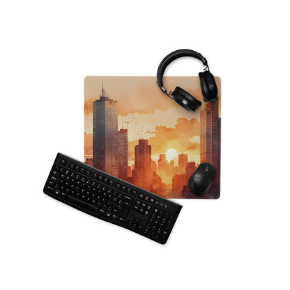 Urban sunset cityscape gaming mouse pad in warm orange hue with silhouetted skyscrapers