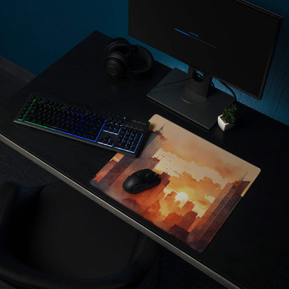 Large urban sunset cityscape gaming mouse pad in warm orange hue with non-slip edge stitching