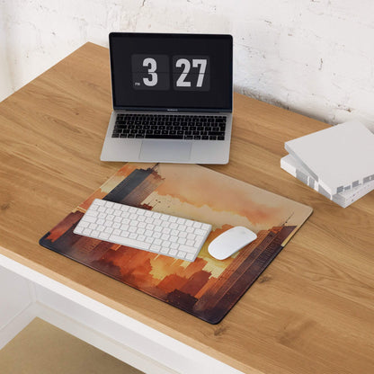 Urban Sunset Cityscape gaming mouse pad with warm orange sunset on wooden desk