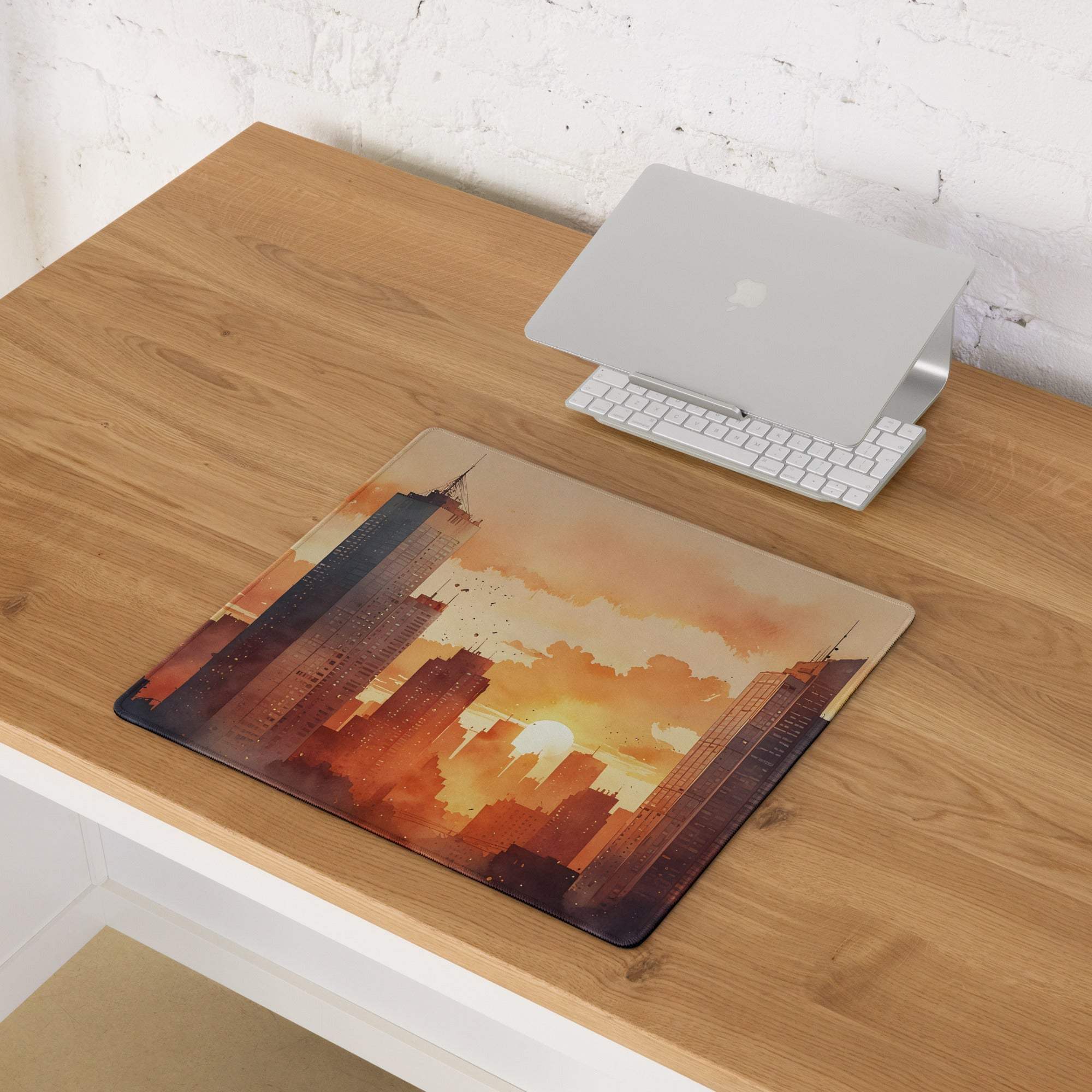 Urban sunset cityscape laptop sleeve in warm orange brown tones