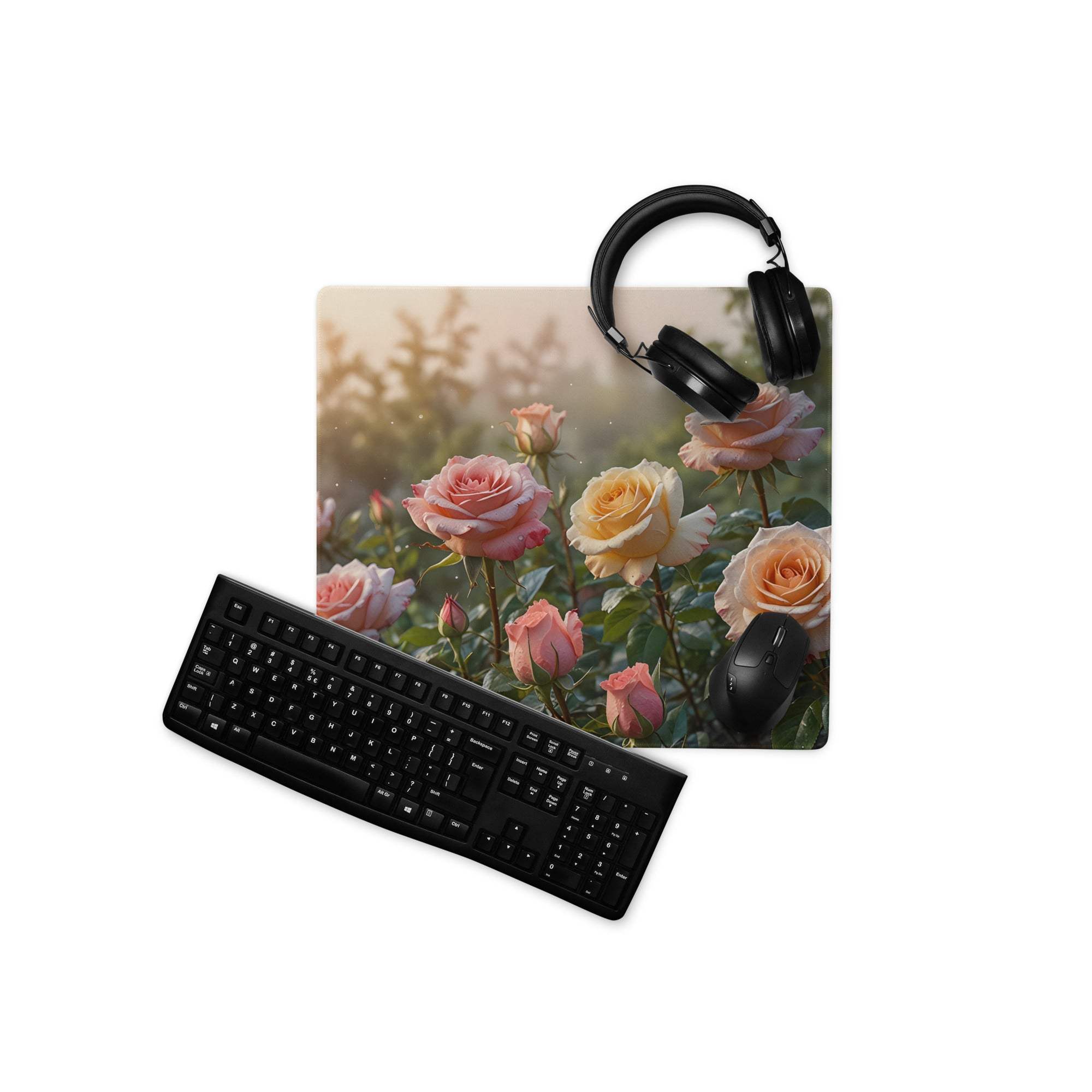 Large soft floral rose garden gaming mouse pad with pink yellow roses, non-slip base, stitched edges
