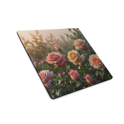 Large soft floral rose garden gaming mouse pad with pink peach roses green foliage non-slip base stitched edges