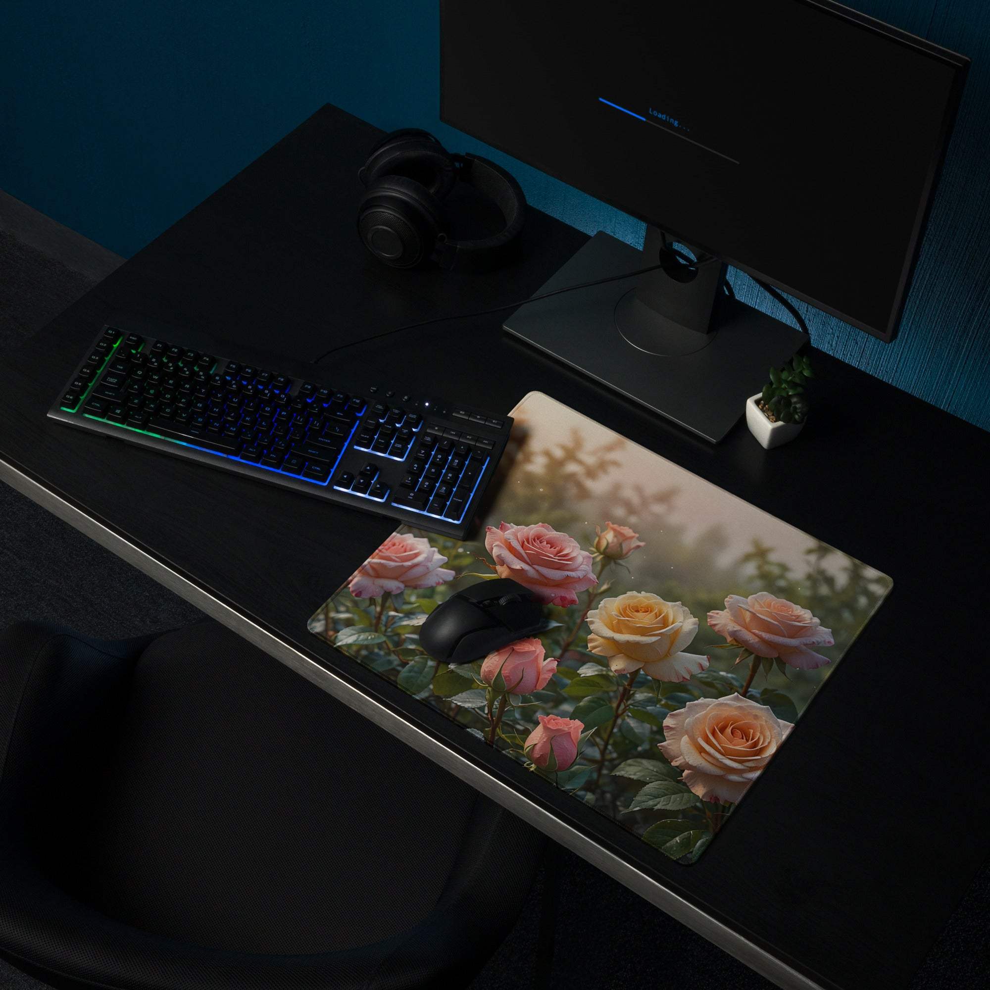 Large soft floral rose garden gaming mouse pad with pink peach roses non-slip base