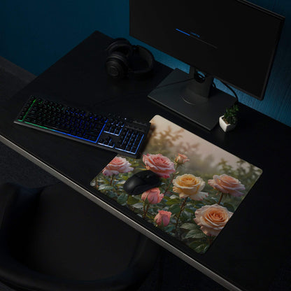 Large soft floral rose garden gaming mouse pad with pink peach roses non-slip base
