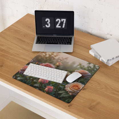 Large soft floral rose garden gaming mouse pad with pink roses on wood desk