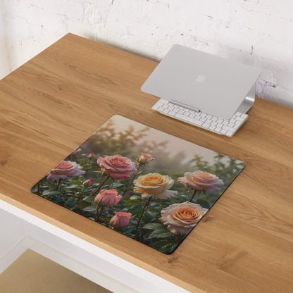 Large soft floral rose garden gaming mouse pad with pink peach roses non-slip base