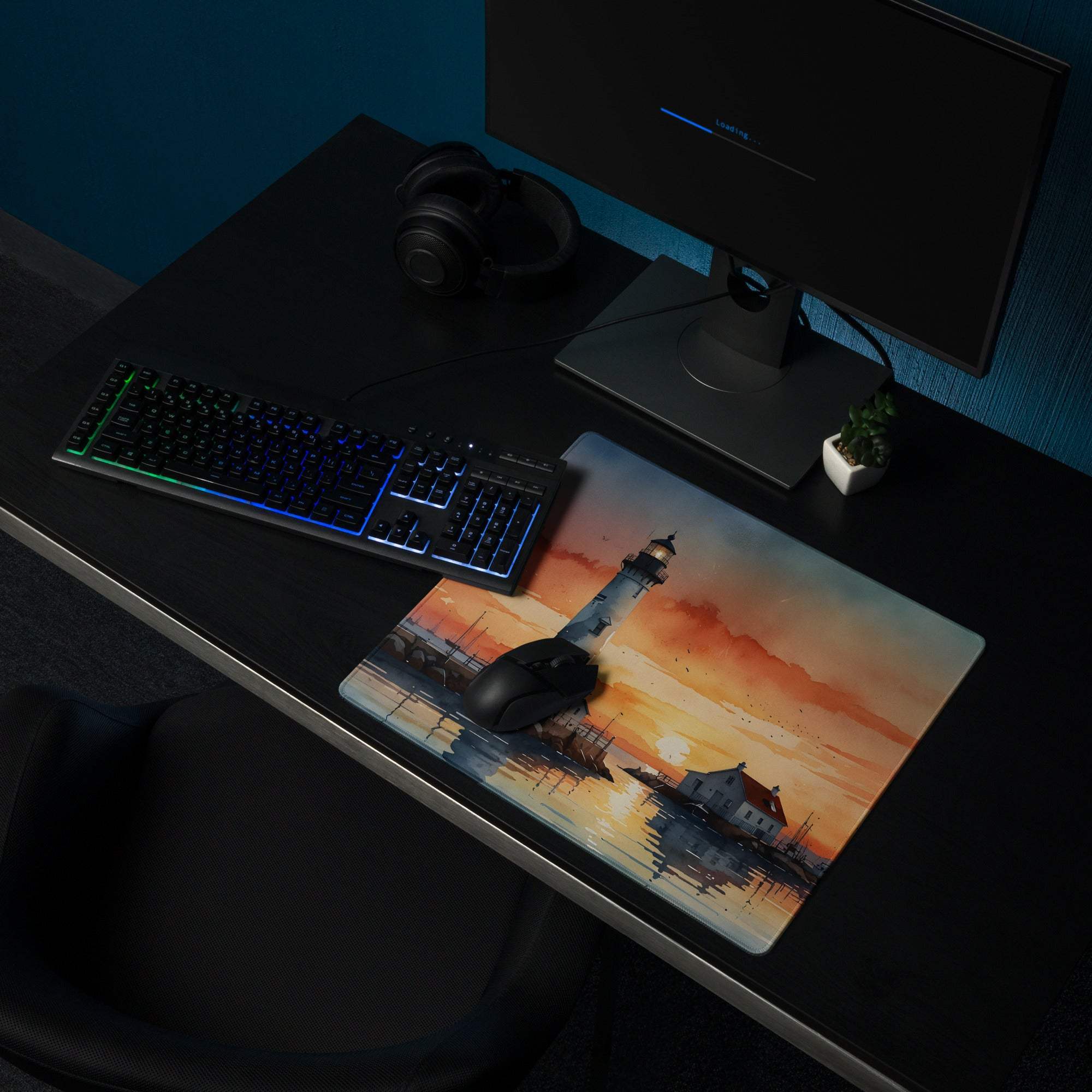 Coastal sunset lighthouse watercolor gaming mouse pad with non-slip base