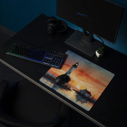 Coastal sunset lighthouse watercolor gaming mouse pad with non-slip base