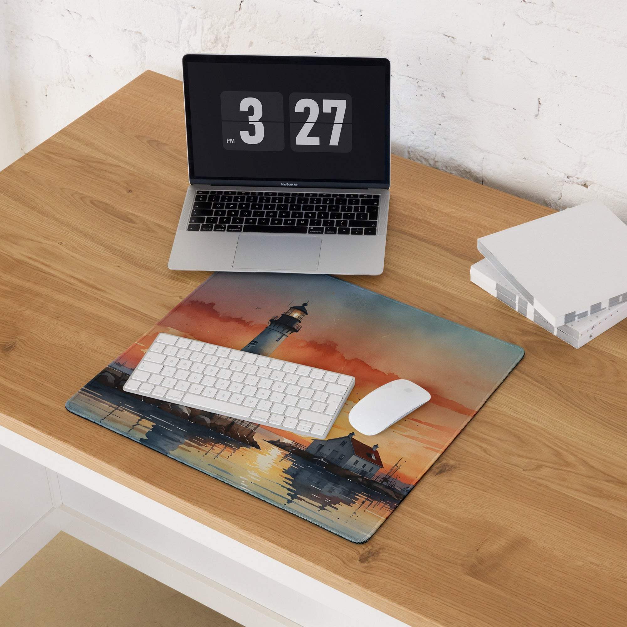 Coastal sunset lighthouse gaming mouse pad with non-slip base