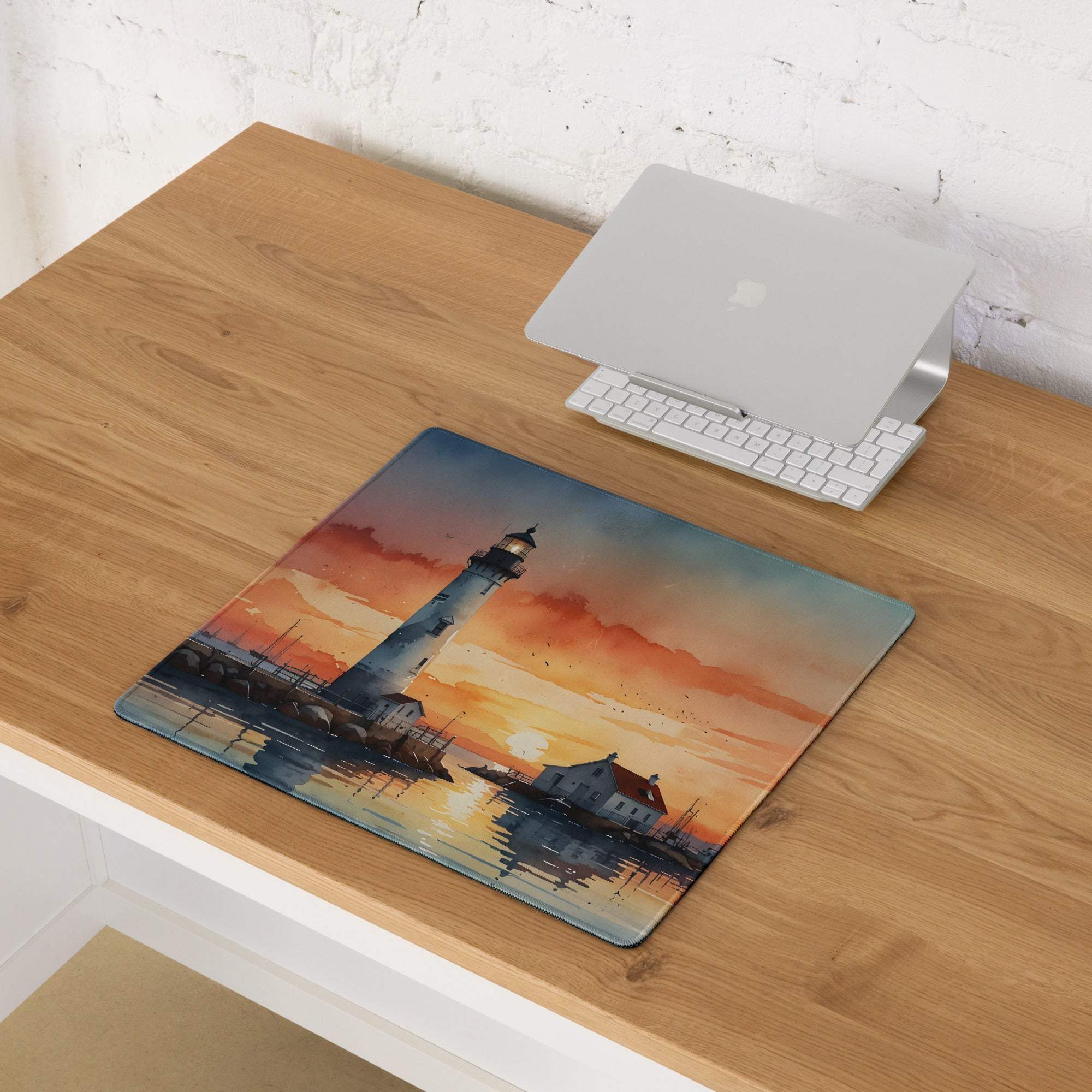 Coastal sunset lighthouse watercolor gaming mouse pad, large non-slip