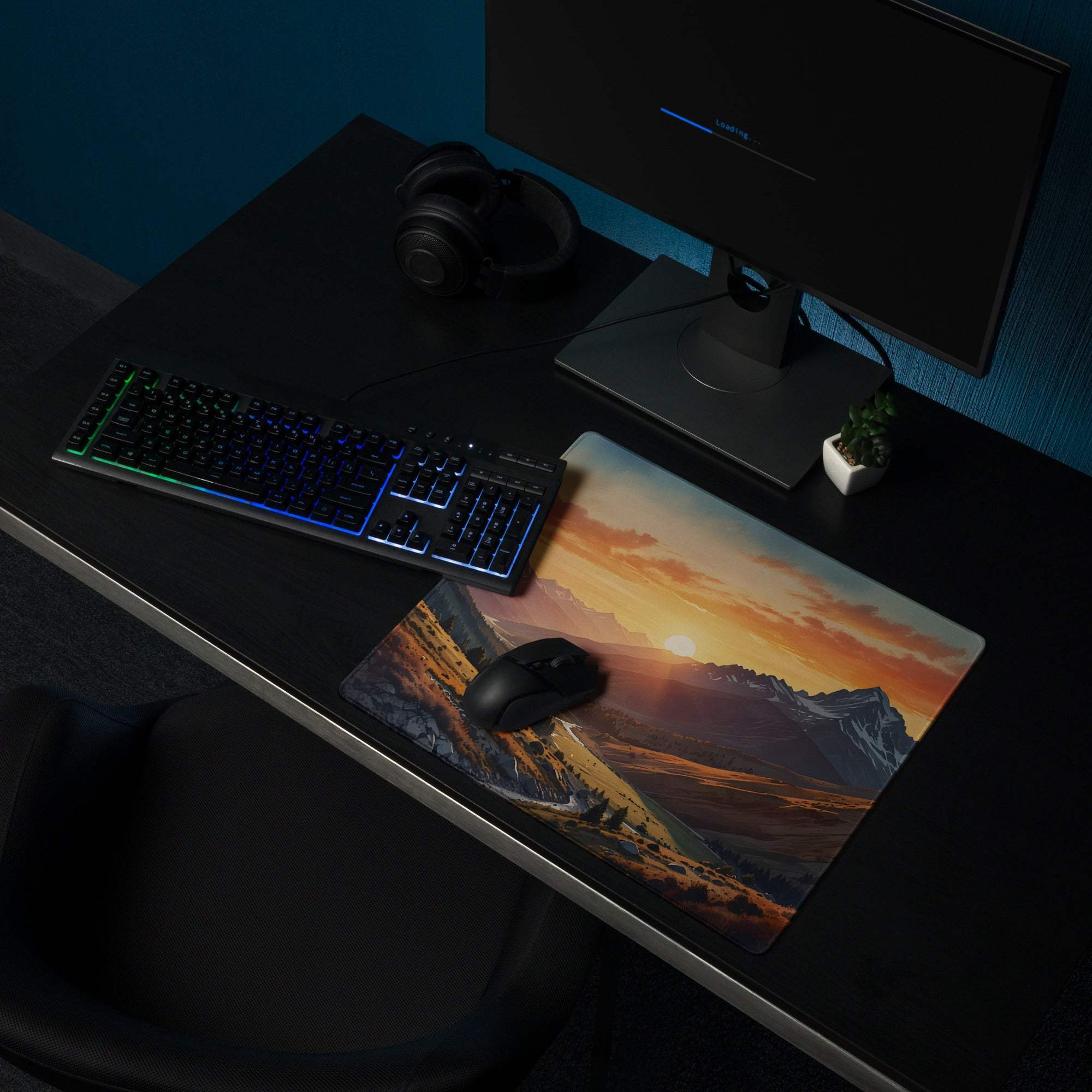 Large sunset mountain range gaming mouse pad with non-slip base and stitched edges