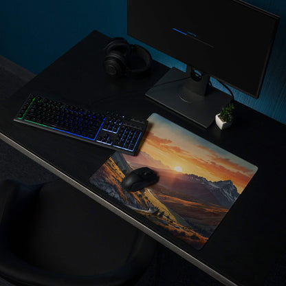 Large sunset mountain range gaming mouse pad with non-slip base and stitched edges