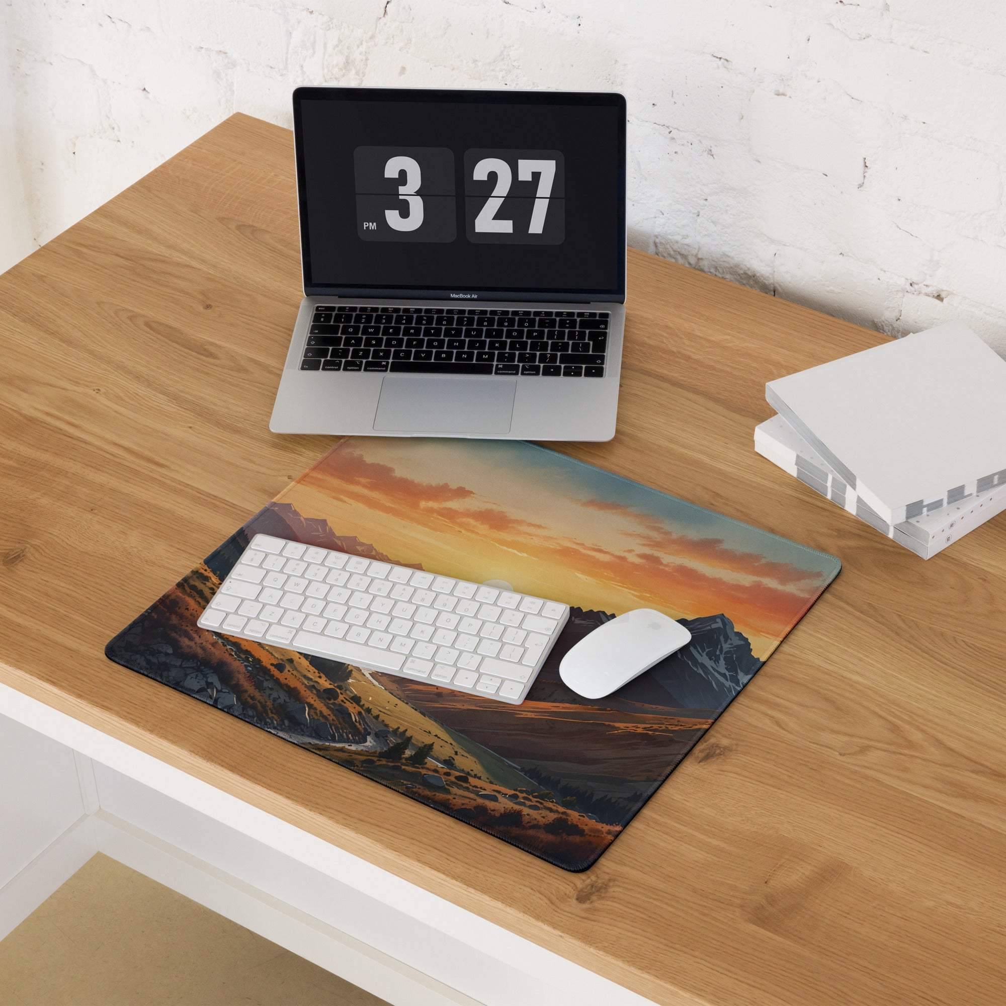 Sunset mountain range gaming mouse pad with non-slip base and stitched edges