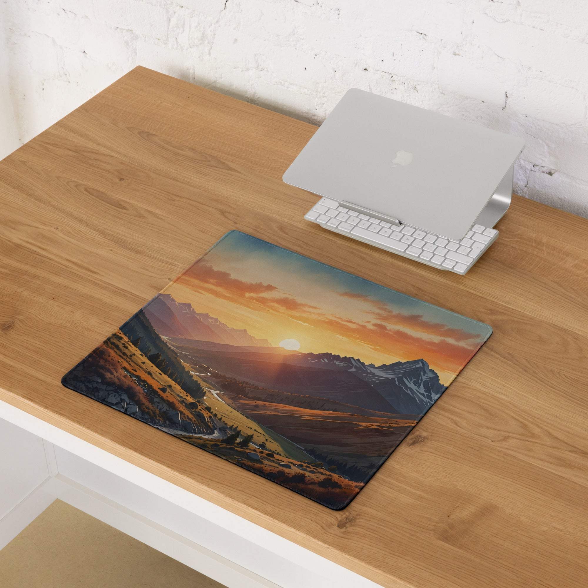 Large sunset mountain gaming mouse pad with non-slip base and stitched edges