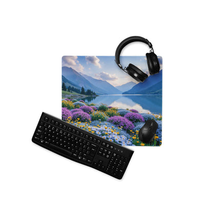 Black keyboard and mouse on Serene Mountain Lake gaming mouse pad with vibrant wildflowers