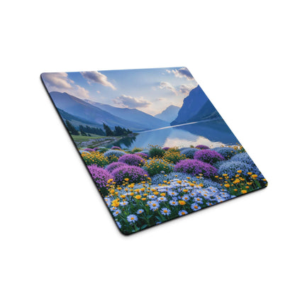 Serene mountain lake gaming mouse pad with vibrant wildflowers and non-slip backing