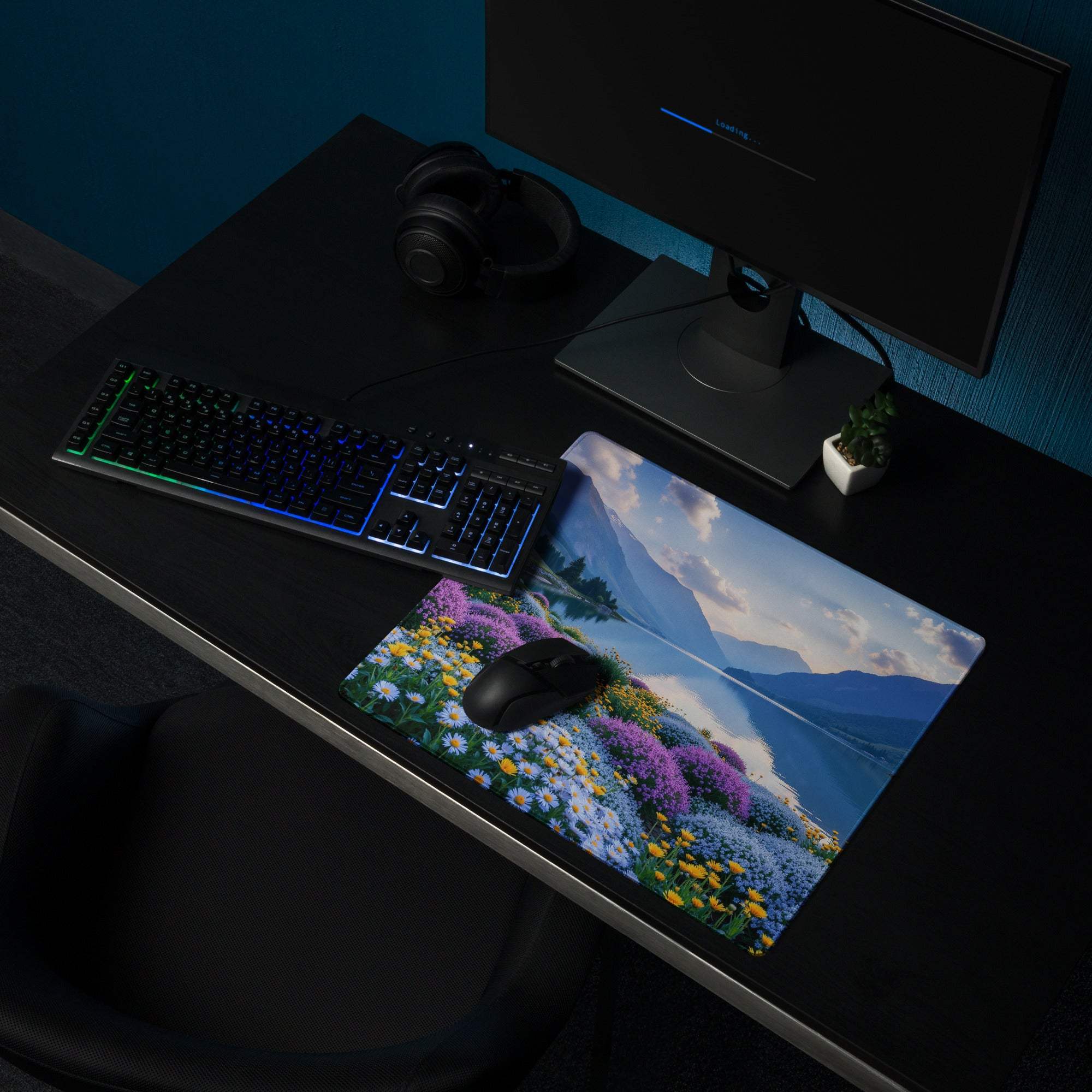 Serene mountain lake gaming mouse pad with vibrant purple wildflowers