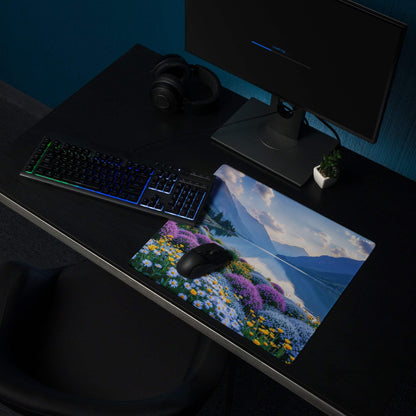 Serene mountain lake gaming mouse pad with vibrant purple wildflowers