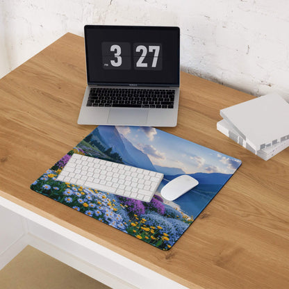 Serene Mountain Lake gaming mouse pad with vibrant flower field, non-slip backing