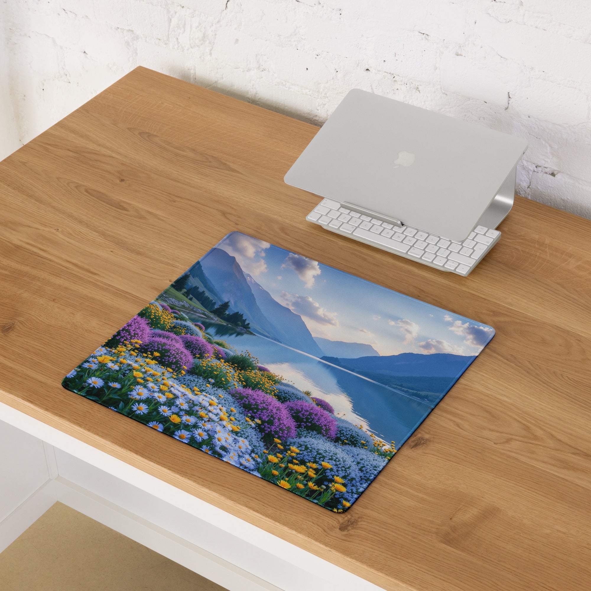 Serene mountain lake gaming mouse pad with vibrant purple yellow wildflowers non-slip backing