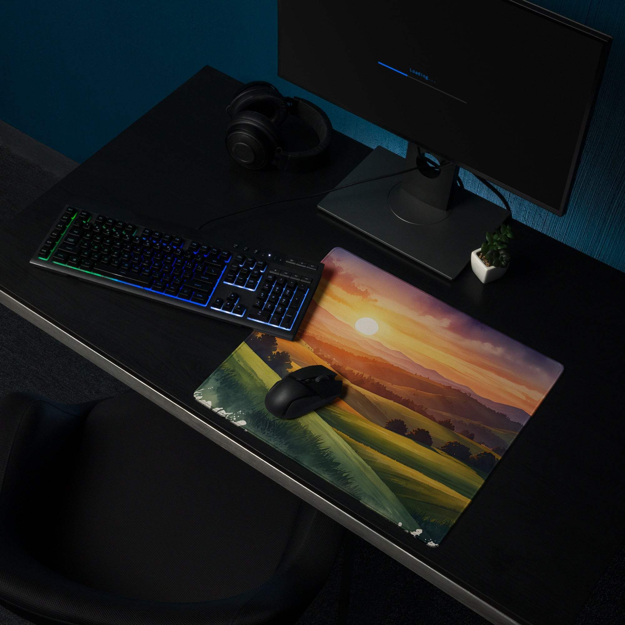 Impressionist sunset gaming mousepad with golden hour hills