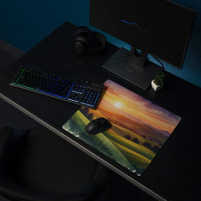 Impressionist sunset gaming mousepad with golden hour hills