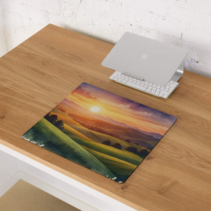 Impressionist sunset gaming mousepad with golden hour hills and trees