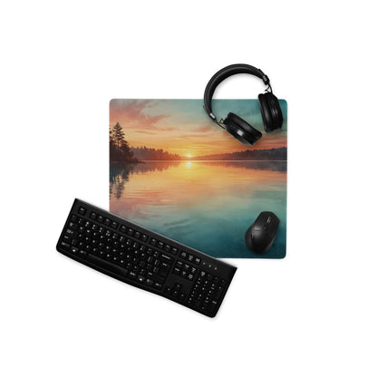 Vibrant lake sunset gaming mouse pad with serene orange teal hues, non-slip backing