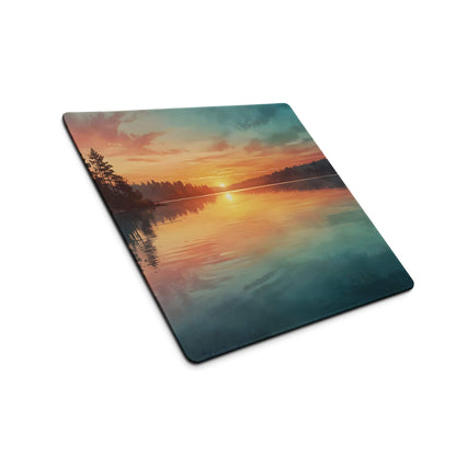Vibrant lake sunset gaming mouse pad with serene orange hues and non-slip backing