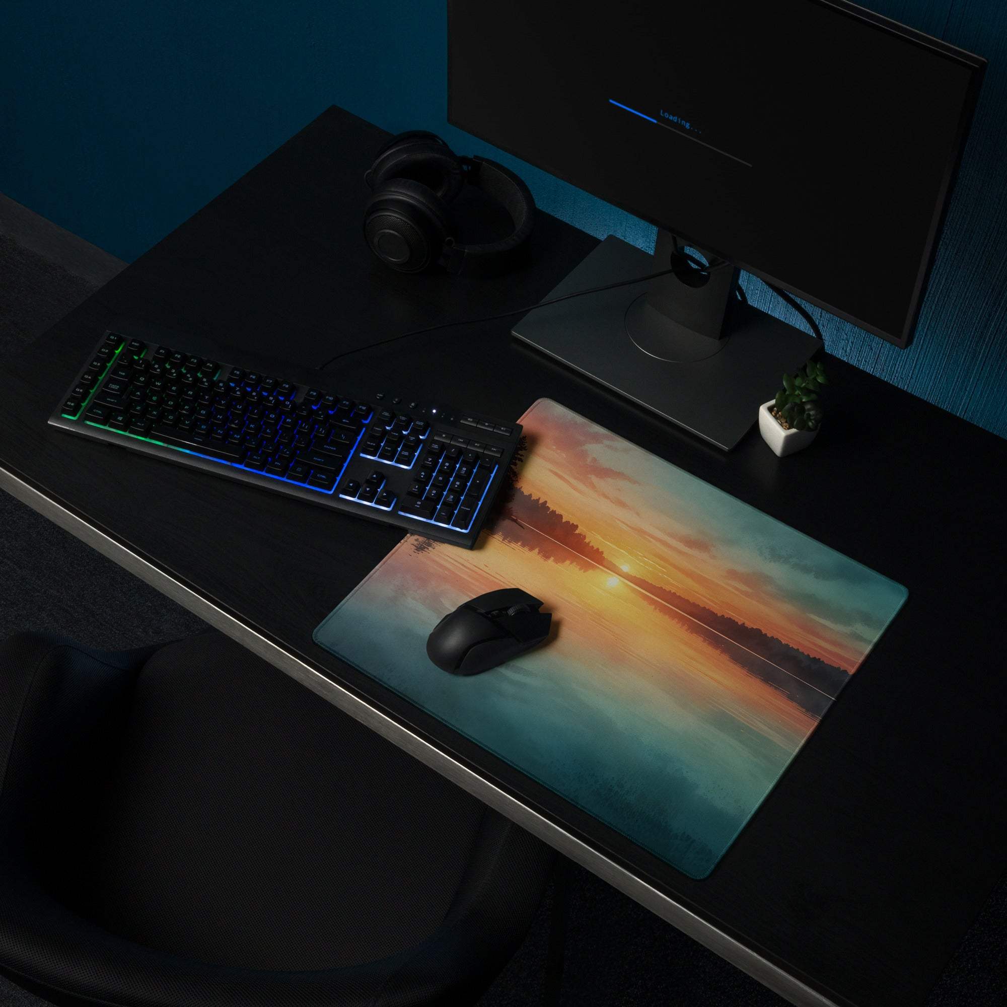 Vibrant lake sunset gaming mouse pad with non-slip backing